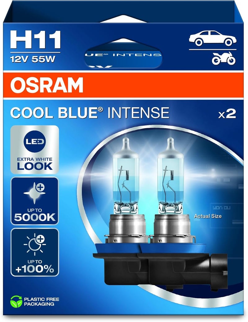 OSRAM كول بلو® إنتنس H11، +100% سطوع أكثر، حتى 5,000 كيلفن، مصباح أمامي هالوجين، مظهر LED، صندوق قابل للطي معلق (2 مصباح)  - Image 1